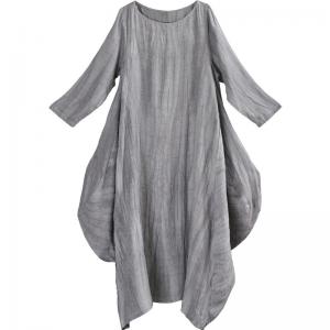 Long Sleeve Gray Fit and Flare Dress Loose Maxi Flax Clothing