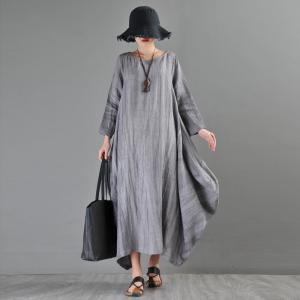 Long Sleeve Gray Fit and Flare Dress Loose Maxi Flax Clothing