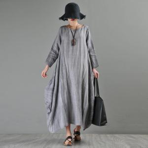 Long Sleeve Gray Fit and Flare Dress Loose Maxi Flax Clothing