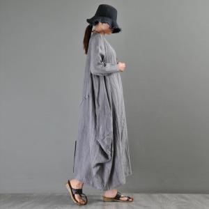 Long Sleeve Gray Fit and Flare Dress Loose Maxi Flax Clothing