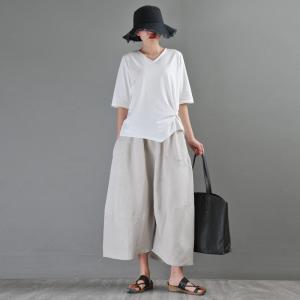 Linen Wide Leg Cropped Pants Beige Wide Leg Trousers