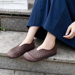 Hollow Out Leather Slip-On Flats Low Heels Soft Mom Shoes