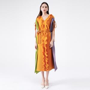 Colorful Ruffled Designer Dress Loose Drawstring Sleeves Pleated Dress