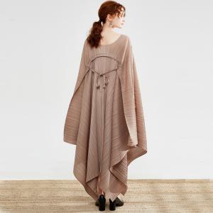 Crew Neck Loose Belted Asymmetrical Poncho Pleated Designer Dress