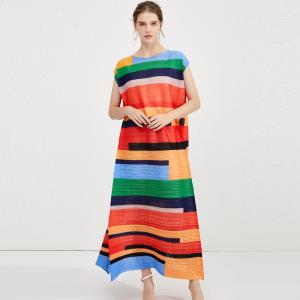 Colorful Striped Loose Sundress Summer Pleated Cruise Dress
