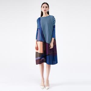 Geometrical Patterns Half Sleeve Loose Dress Blue Pleated Frock