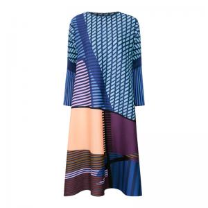 Geometrical Patterns Half Sleeve Loose Dress Blue Pleated Frock