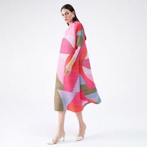 OL Style Pink Printed Shift Dress A-Line Long Sleeve Tied Dress