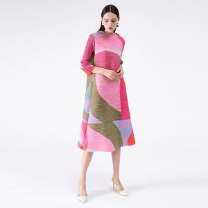 OL Style Pink Printed Shift Dress A-Line Long Sleeve Tied Dress