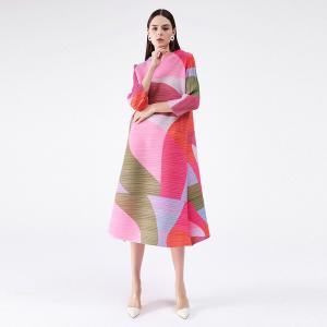OL Style Pink Printed Shift Dress A-Line Long Sleeve Tied Dress
