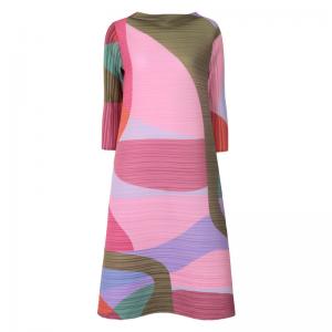 OL Style Pink Printed Shift Dress A-Line Long Sleeve Tied Dress