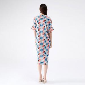 Blue Printed Oversized Shirt Dress Short Sleeve Pleated Dress