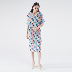 Blue Printed Oversized Shirt Dress Short Sleeve Pleated Dress