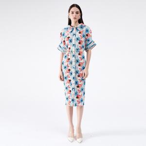 Blue Printed Oversized Shirt Dress Short Sleeve Pleated Dress