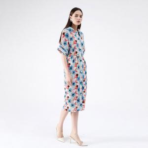 Blue Printed Oversized Shirt Dress Short Sleeve Pleated Dress