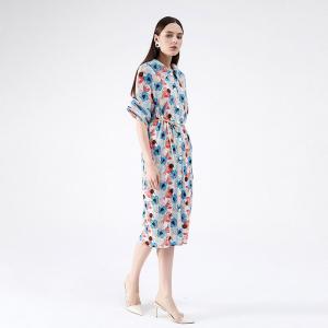 Blue Printed Oversized Shirt Dress Short Sleeve Pleated Dress