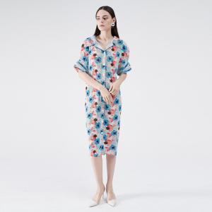 Blue Printed Oversized Shirt Dress Short Sleeve Pleated Dress