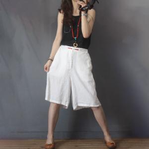 Chinese Button Girls Bermuda Shorts Solid Color Linen Pants