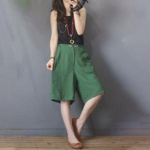 Chinese Button Girls Bermuda Shorts Solid Color Linen Pants