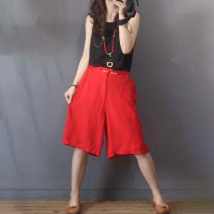 Chinese Button Girls Bermuda Shorts Solid Color Linen Pants