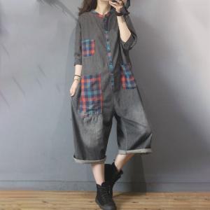 Big Checkered Pockets Baggy Jumpsuits Half Sleeve Jean Coveralls