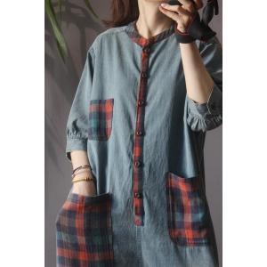Big Checkered Pockets Baggy Jumpsuits Half Sleeve Jean Coveralls