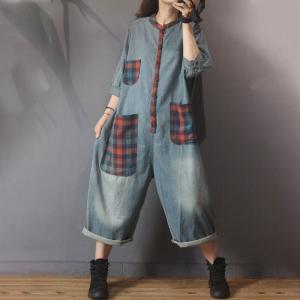 Big Checkered Pockets Baggy Jumpsuits Half Sleeve Jean Coveralls