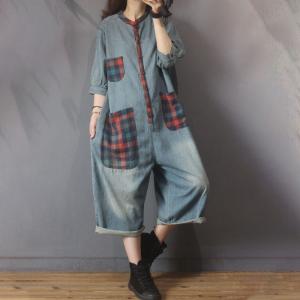 Big Checkered Pockets Baggy Jumpsuits Half Sleeve Jean Coveralls