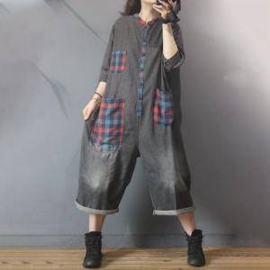 Big Checkered Pockets Baggy Jumpsuits Half Sleeve Jean Coveralls