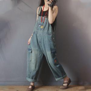 Flap Pockets Fashion Cuffed Overalls Baggy Jean Dungarees