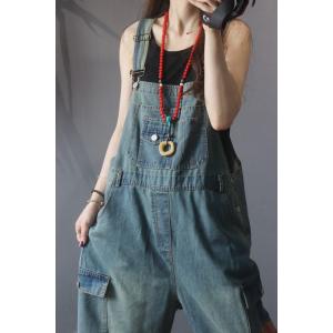 Flap Pockets Fashion Cuffed Overalls Baggy Jean Dungarees