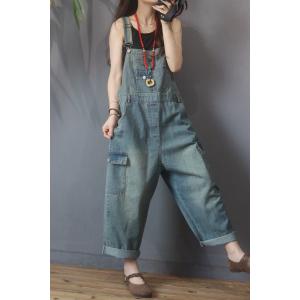 Flap Pockets Fashion Cuffed Overalls Baggy Jean Dungarees