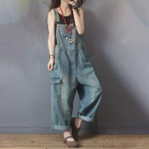 Flap Pockets Fashion Cuffed Overalls Baggy Jean Dungarees