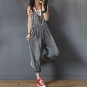 U-Neck Sleeveless Tapered Overalls Summer High-Waist One Piece