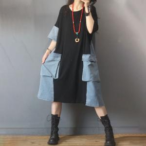 Denim Pockets Cotton T-shirt Dress Casual Plus Size Long Tee