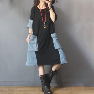 Denim Pockets Cotton T-shirt Dress Casual Plus Size Long Tee