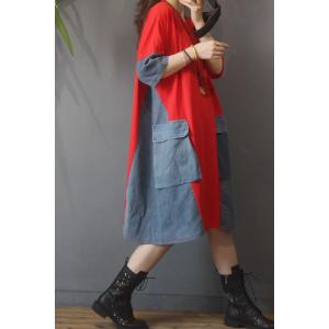 Denim Pockets Cotton T-shirt Dress Casual Plus Size Long Tee