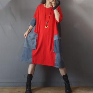 Denim Pockets Cotton T-shirt Dress Casual Plus Size Long Tee