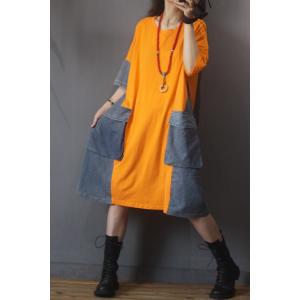 Denim Pockets Cotton T-shirt Dress Casual Plus Size Long Tee