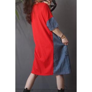 Denim Pockets Cotton T-shirt Dress Casual Plus Size Long Tee