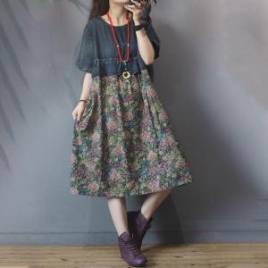 Ditsy Floral Denim Dress High-Waisted Loose Dress