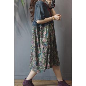 Ditsy Floral Denim Dress High-Waisted Loose Dress