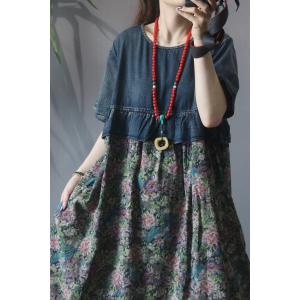 Ditsy Floral Denim Dress High-Waisted Loose Dress