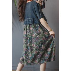 Ditsy Floral Denim Dress High-Waisted Loose Dress