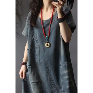 Short Sleeve Denim Ripped Dress Casual Oversized T-shirt Dress