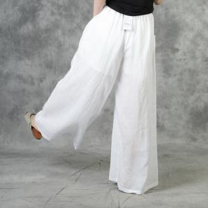 Drawstring Waist White Palazzo Pants Ramie Embroidered Trousers