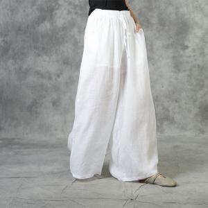 Drawstring Waist White Palazzo Pants Ramie Embroidered Trousers