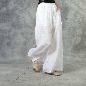 Drawstring Waist White Palazzo Pants Ramie Embroidered Trousers