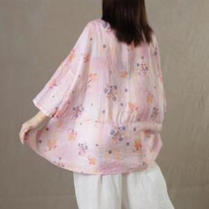 Bird and Flowers Pink Shirt Large Size Ramie Shirt Womens