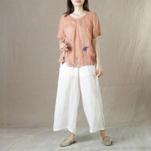 Short Sleeve  Embroidered Leaf Blouse Ramie Tied Ladies Shirt